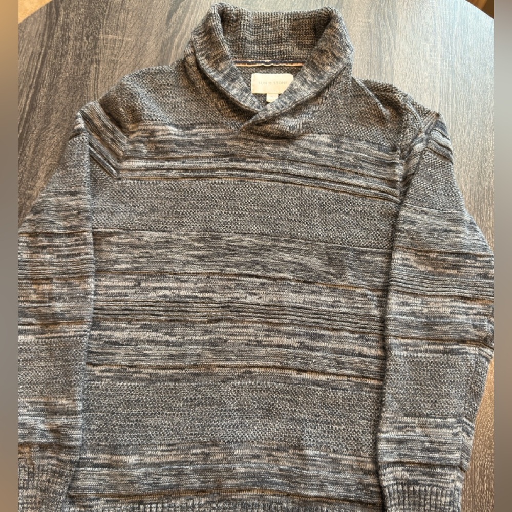 Sun+Stone Men's Shawl Collar Variegated Heather Grey Knit Cotton Sweater XLarge